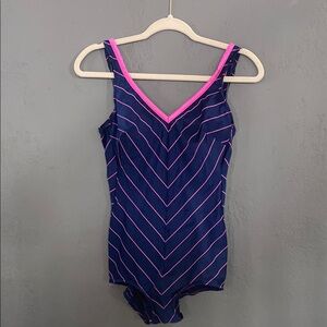 Vintage Robby Len 70s 80s Navy and Pink Striped One Piece Swimsuit Bathing Suit